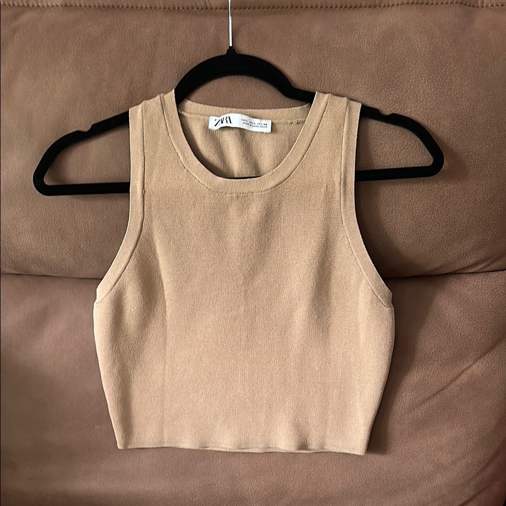 Zara Tan Knit Fitted Crop Tank Top